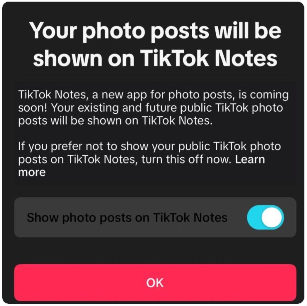 TikTok laat gebruikers een pop-up zien met de mogelijkheid om foto's op het nieuwe platform TikTok Notes te delen.